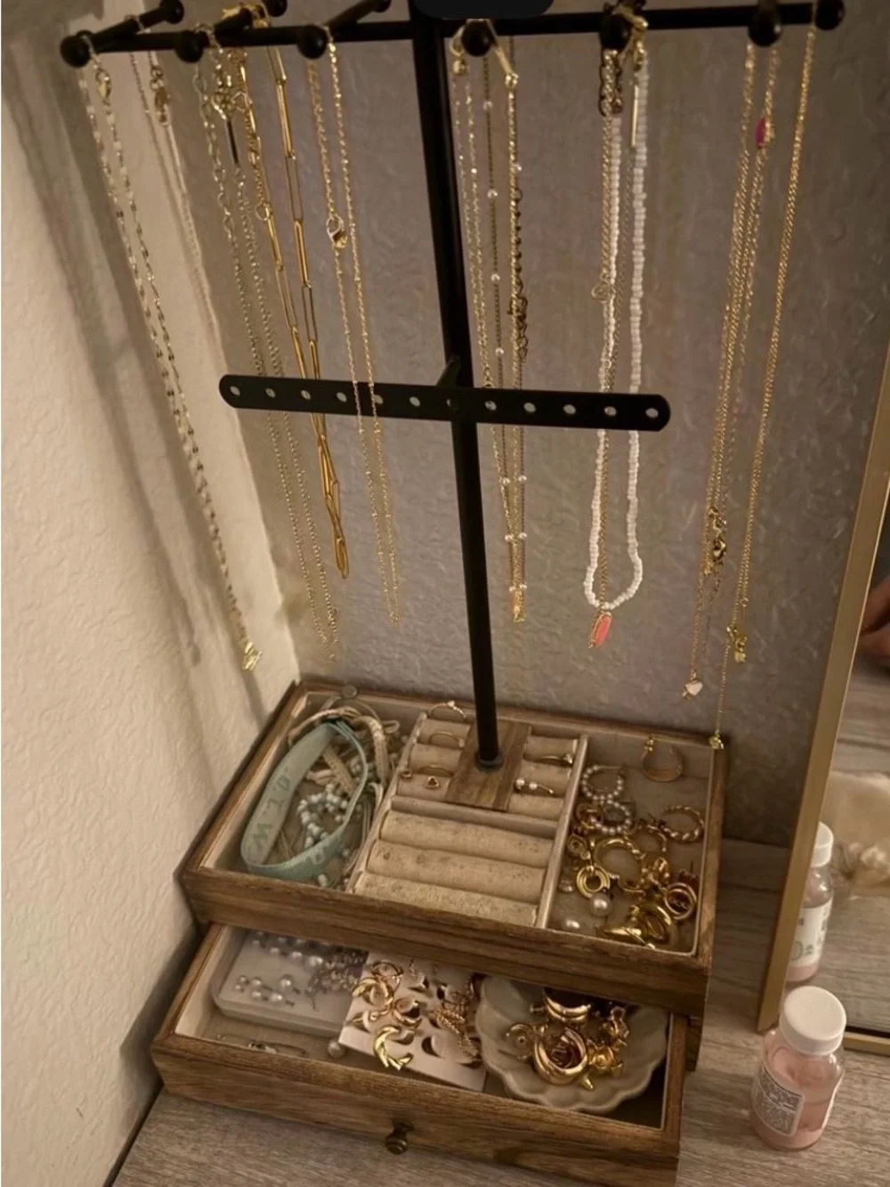 Wood Jewelry Organizer Tower with Black Metal Stand - Brown and Cream